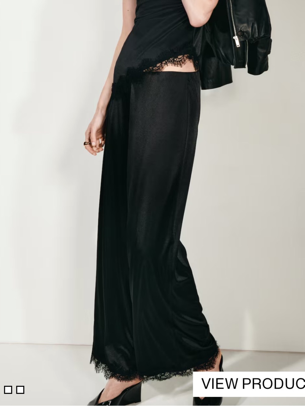 NWT H&M Black Satin Wide-Leg Lace Trim Pants